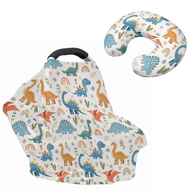 Dinosaur Carseat Canopy for Babies Fits Most Strollers & Baby Car Seats Rainbow Breastfeeding Nursing Pillow Slipcovers Soft and Stretchy 2PCS
