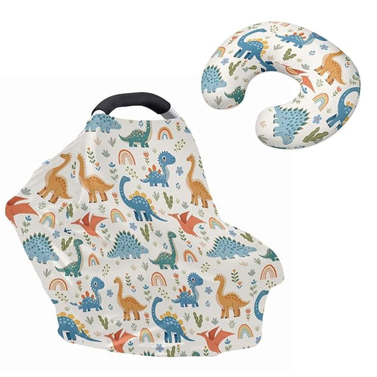 Dinosaur Carseat Canopy for Babies Fits Most Strollers & Baby Car Seats Rainbow Breastfeeding Nursing Pillow Slipcovers Soft and Stretchy 2PCS