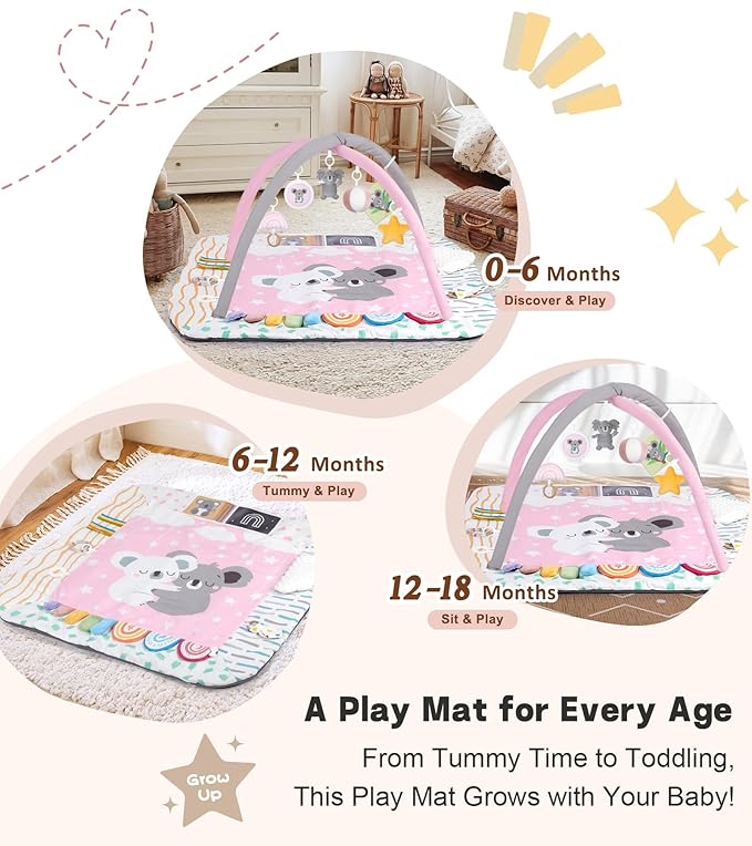 Baby Play Mat Activity Gym, 6 Developmental Zones Tummy Time Mat, 6 Detachable Sensory Toys and Educational Cards, Essential Baby Shower Set, Pink Koala