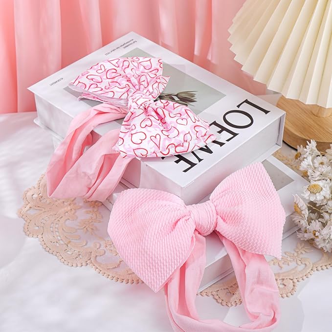 Valentine's Day Baby Bow Headbands for Girls Handmade Pink Love Heart Soft Nylon Baby Hairbands Head Wrap Hair Accessories for Infant Toddler Kid 2Pcs