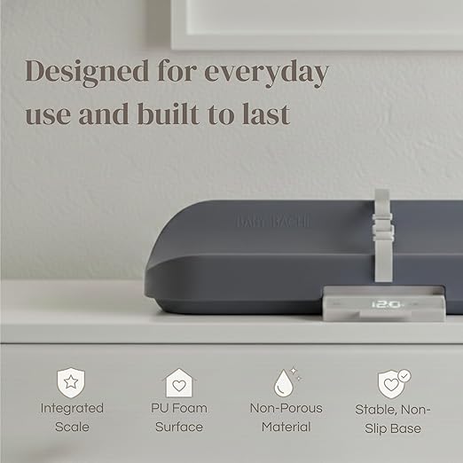 2-in-1 Baby Changing Pad with Integrated Scale, Contoured Wipe-Clean Foam, Non-Porous Waterproof Surface, Digital Baby Weighing Pad for Routine Changes, Safety Strap, Neutral Nursery Essential
