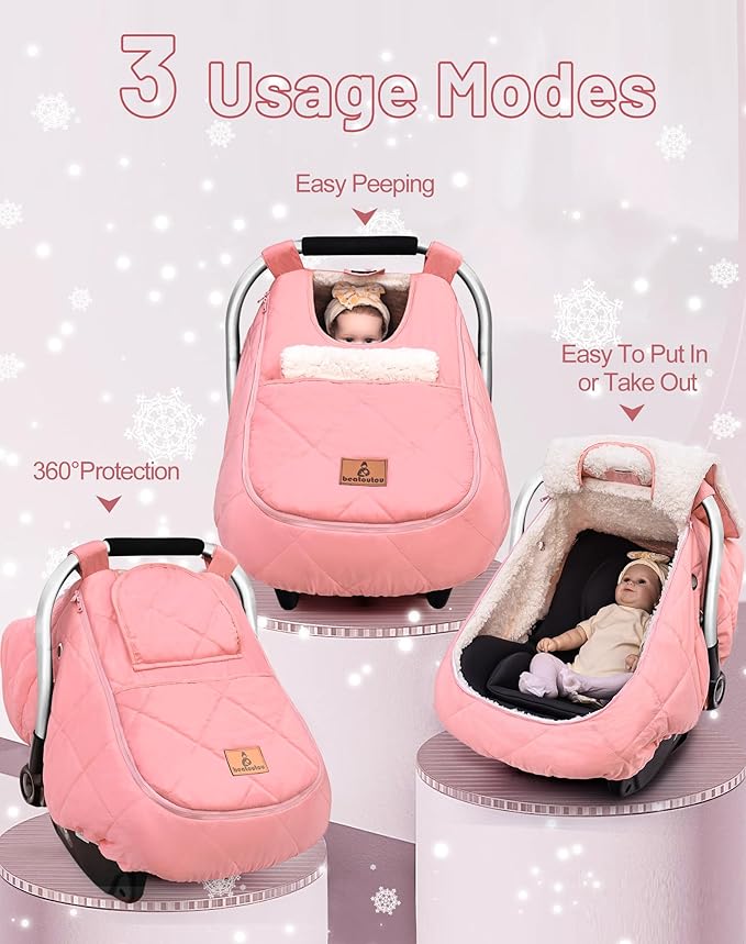 beatoutou Winter Baby Car Seat Cover, Waterproof Winter Infant Carseat Canopy for Girls, Cold Weather Warm Car Seat Covers for Babies, Keeps Babies Warm and Cozy (Pink)