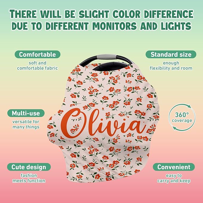 Custom Car Seat Covers for Babies - Breathable Baby Car Seat Cover for Girls Boys, Red Flower Theme Kick-Proof Newborn Carrier Canopy Stretchy Stroller Cover for 4 Seasons