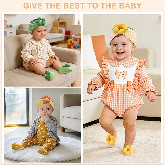 CÉLLOT Baby Girl Headband and Socks, Non-Slip Floral Socks and Soft Floral Nylon Hairbands for Babies Infants and Toddlers (Salmon+Yellow+Green)