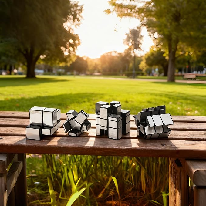 AI-YUN Mirror Cube Set, Speed Cube Set of 4 Pack, 1x3x3 Ghost Cube, 2x2 3x3 Mirror Blocks, 3x3 Windmill Cube, Brain Teasers, Puzzle Toys, Silver