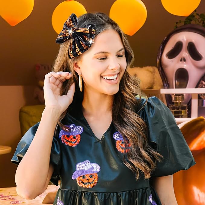 Halloween Baby Girl Clips Alligator Clips Hair Sequins Bows Toddler Girls Sparkly Glitter Baby Barrettes Cheer Bows Kids Hair Bow Black Stripe