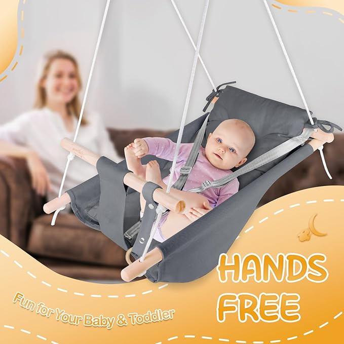 Baby Swing for Infants to Toddlers,Indoor Outdoor Wooden Hanging Swing Seat with Safety Belt and Mounting Hardware, Suitable for Ages Up to 3,Grey