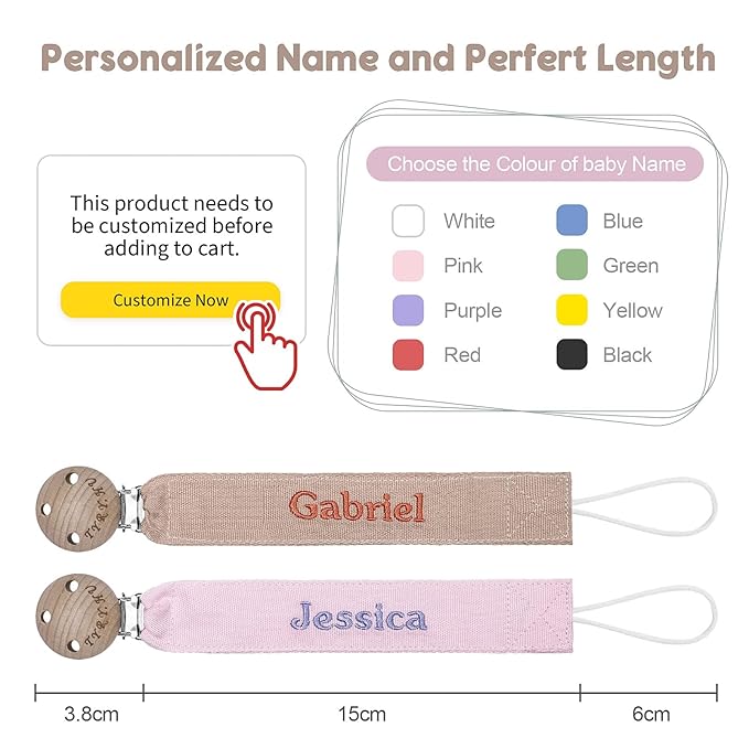 TYRY.HU Personalized Pacifier Clip with Name, Embroidery Pacifier Holder for Baby Girls and Boys, Neutral Binky Clips Universally Fit All Pacifiers, Baby Gift, 2 Pack(Pink, Khaki)