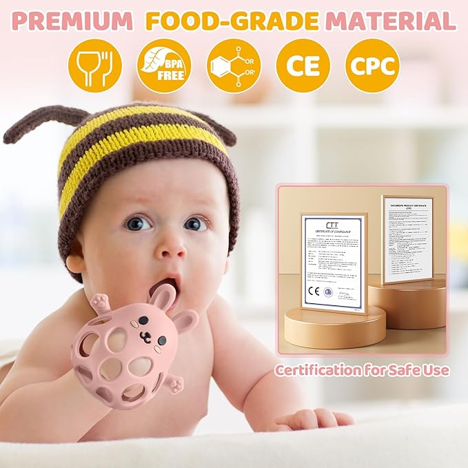 Orzbow Bunny Teether for Baby, Easter Teether with 2 in 1 Rattle & Teething, Easy Grasp Teething Mittens for Babies 3-12 Months, Food Grade Silicone, Newborn Infant Easter Basket Stuffers Gifts, Pink