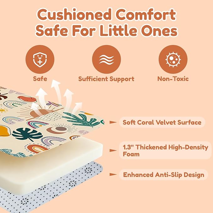 RONGFA Baby Play Mat for Floor, 71'' x 59'' Thicken Foam Padded Playmat for Tummy Time, Playpen Mat for Toddlers Infant Kids, Water-Repellent Coral Velvet, Non-Slip Bottom Safe for Crawling (Boho)