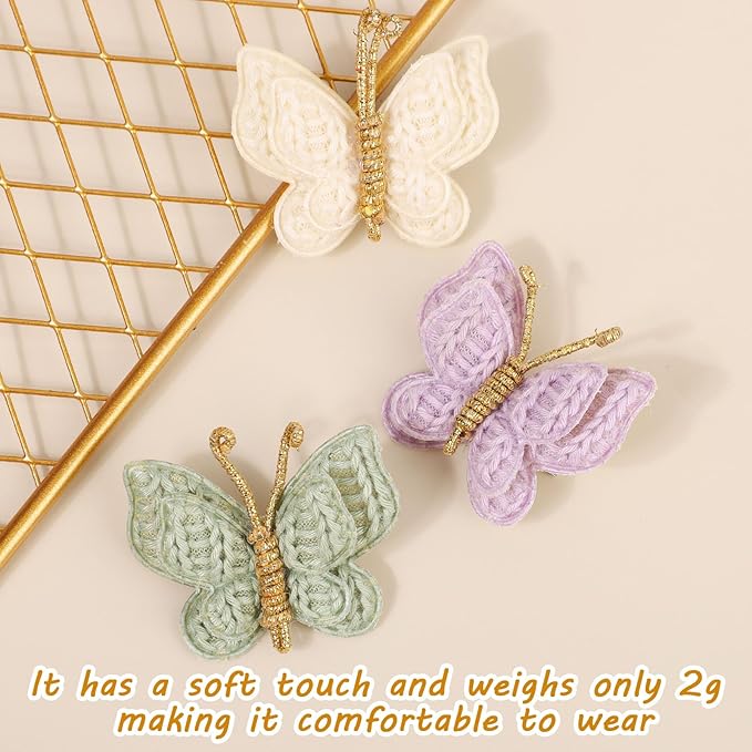 6pcs Yarn Butterfly Hair Bows Clips, Soft & Cute Knitted Wool Bow Barrettes for Baby Girls Anti-Slip Accessories for Thick & Thin Hair (3 Colors)
