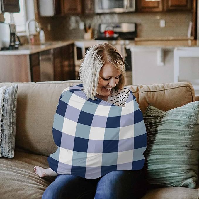 Blue White Plaid Car Seat Covers for Babies, Modern Geometric Checkered Lattice Nursing Breastfeeding Covers Stretchy Breathable Baby Carseat Canopy Cover for Girls and Boys Shower Gifts