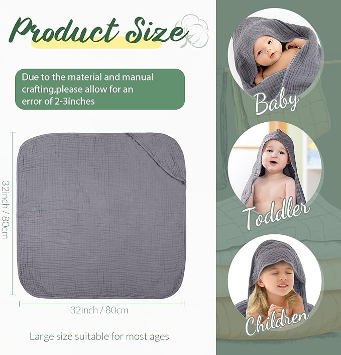 VitalCozy 6 Pcs Baby Muslin Hooded Bath Towels and Washcloths, Muslin Hooded Baby Towels Absorbent Blankets for Gift Newborn Infant Shower (Green,Gray)