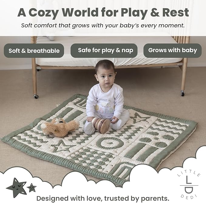 3D Soft Organic Cotton Crawling Blanket – GOTS Certified, 40x40 in Montessori Design for Motor Skill Development, Reversible, No Loose Threads – Washable & Sustainable