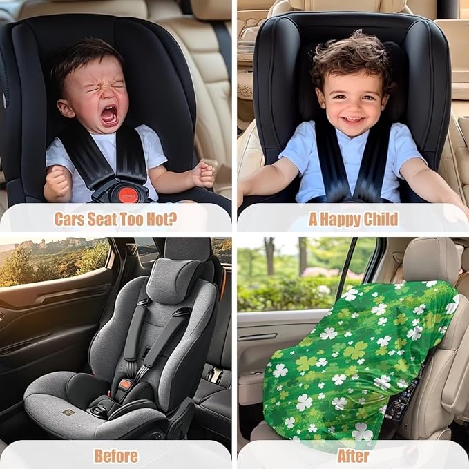 St. Patricks Day Car Seat Cover, Green Leaf Car Seat Sun Shade Cover St. Patricks Day Decor Cooler Temperature Infant Car Seats Reflective Heat Protector, UV Protection Toddler Carseat Cover
