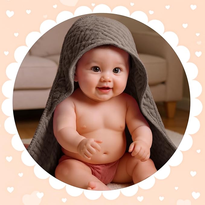 Peryiter 4 Pcs Muslin Hooded Baby Towels, 32"x 32" Cotton Newborn Bath Towel Muslin Infant Baby Blankets Absorbent Unisex Newborn Registry Gift Essentials for Girls Boys (Gray Series)