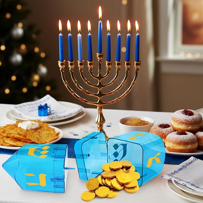 Large Fillable Dreidels for Hanukkah, Pack of 4 Plastic Dreidels Bulk, Blue Large Dreidels That Bring Joy and Tradition to Every Celebration