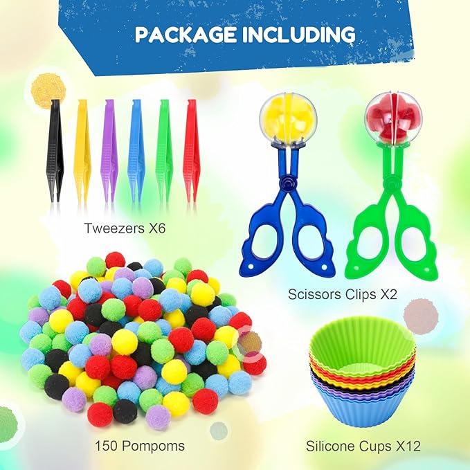 170 PCS Counting Sorting Fine Motor Skills Sensory Bin Filler Include 12 Sorting Bowls, 150 Pom Poms, 6 Tweezers, 2 Scooper Scissors for Kids Early Education, Sorting Counting Training
