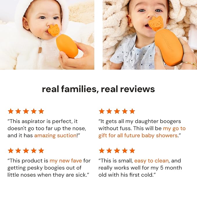 oogiebear: Baby Nasal Aspirator - Safe Booger & Earwax Remover for Newborns, Infants, Toddlers - Better Syringe, Airtight Suction, Nose Sucker - Essential Baby Stuff, Diaper Bag Must-Haves, Orange