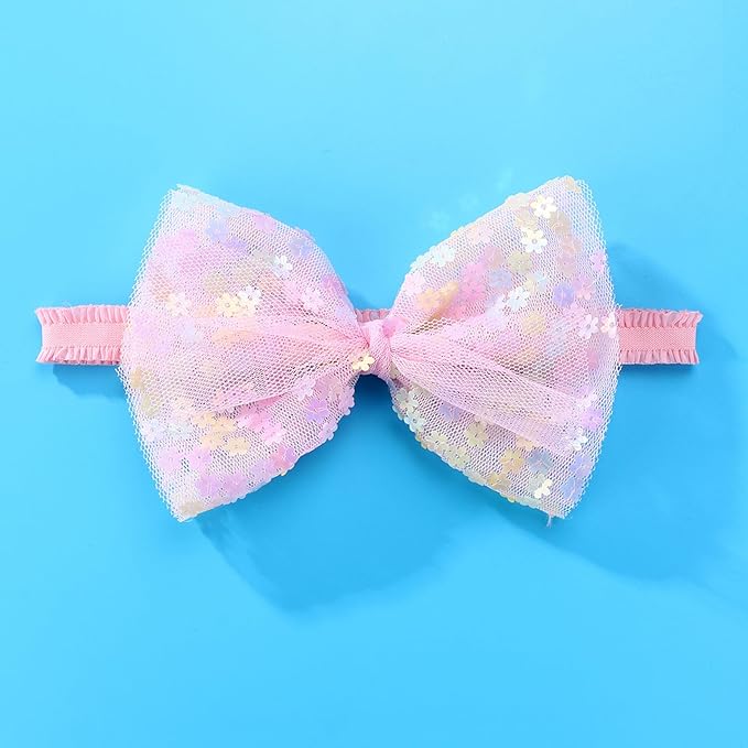 Bow Lace Headband for Baby Girls, Cute Bow Knot Hairband Pearl Elastic Headwrap for Newborn Infant Toddlers (Pink)
