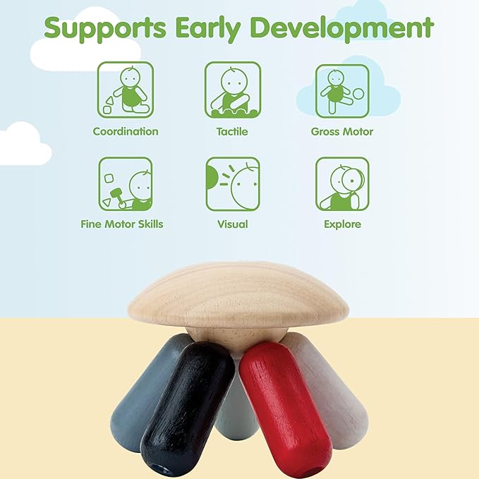 PlanToys® Wooden Flexi Jellyfish Baby Toy | Montessori Inspired Infant Toy for Sensory Play, Grasping & Motor Skill Development | Eco Friendly Clutch & Squeeze Toy