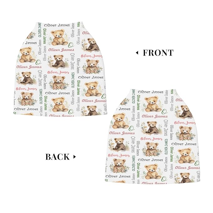 Personalized Baby Car Seat Covers for Babies, Custom Bear Nursing Breastfeeding Carseat Canopy with Name, Infant Stroller Covers for Newborn Girls Boys, Breathable Carseat Cover