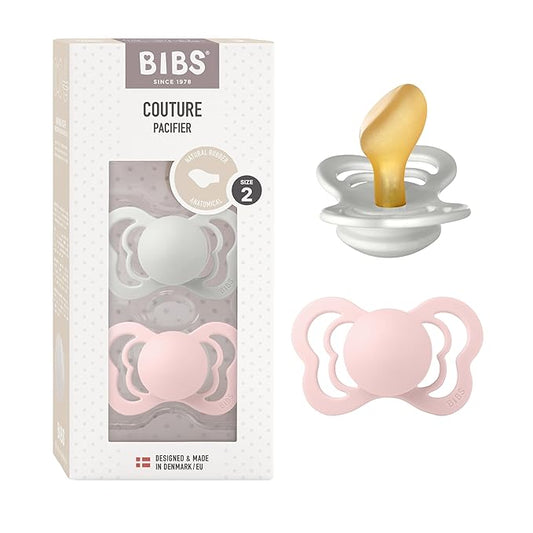 BIBS Couture Baby Pacifier 2-Pack | Made in Denmark | BPA Free Dummy Soother, Anatomical Nipple. Natural Rubber Latex, Size 2 (6-18 Months), Haze / Blossom