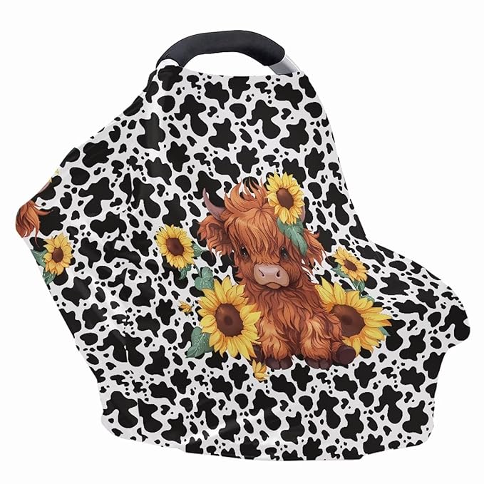Wanyint Highland Cow Sunflower Cow Print Car Seat Covers for Boys Girls, Nursing Cover Carseat Canopy Baby Breastfeeding Cover Multi-use Nursing Scarf Infant Stroller Cover
