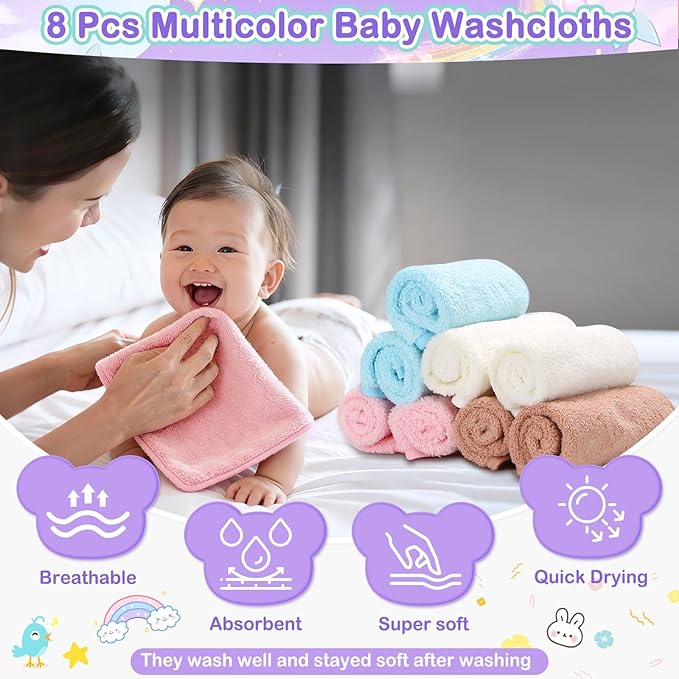 Flasoo 16 Pcs Baby Towels Set, Baby Towels and Washcloths Set,4 Pcs Animal Hooded Baby Towels, 4 Pcs Baby Bibs & 8 Pcs Washcloths Set for Infants, Toddlers and Kids-Unicorns, Rabbits, Kittens & Chicks