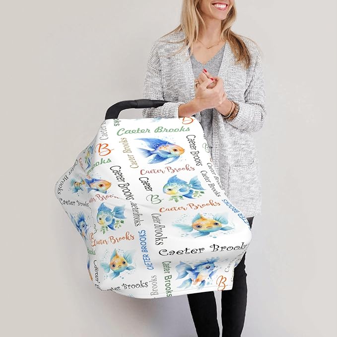 Personalized Baby Car Seat Cover with Name Stroller Canopy Custom Angelfish Carseat Cover Newborn Baby Boy Girl Nursing Cover for Moms First Birthday Gift