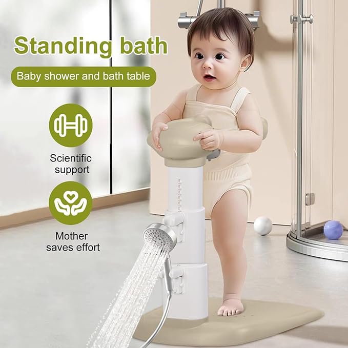Adjustable Baby Shower Stand with Anti-Slip Base,Bath Shower Standing Support Stand,Portable Bath Helper Bath Support for Infants Portable Bath Helper for Baby 8-24 Months (Khaki)