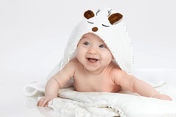 Organic Baby Hooded Bath Towel 30x30 Inch – 100% Organic Cotton, 380 GSM Soft & Absorbent Newborn Towel with Embroidered Hood, (Deer)