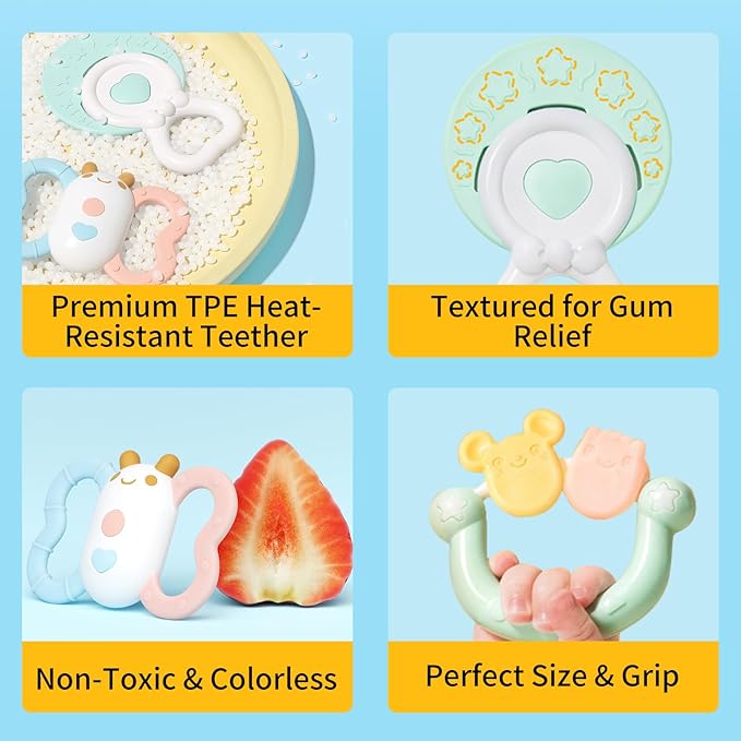auby Cozy Bunny Newborn Gift Set - 6-in-1 Baby Soothing Essentials with Teethers, Plush Blanket & Hanging Toys for Crib,Stroller,Sensory Development,Machine Washable