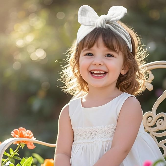 Muslin Cotton Hair Bow Headband, Top Knotted Solid Floral Headwrap for Baby Girls, Newborns, Infants and Toddlers(CJwhiteset)