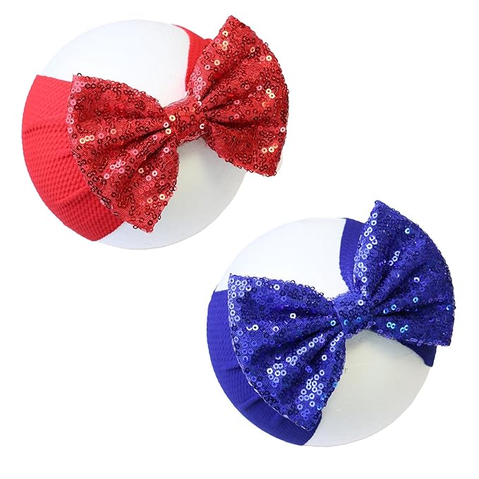 4th of July Baby Girl Accessories - Red Sequin Bow Headband, Blue Elastic Wide Hairbands for Newborns, Toddlers, Infants Gift
