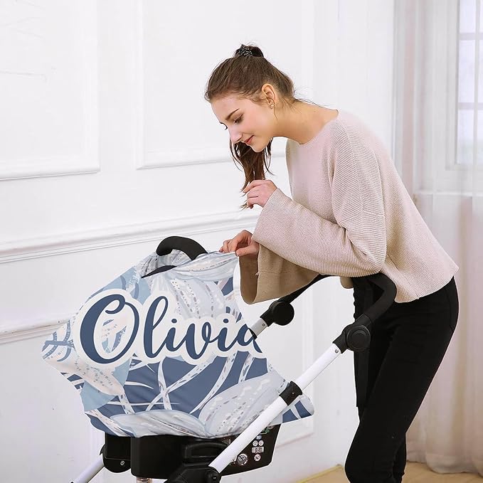 Personalised Car Seat Cover for Girls and Boys - 7 in 1 Multipurpose Breast Feeding Cover, Nursing Cover, Grocery Cart Cover - Birthday Gift for Babies Blue Leaf Pattern
