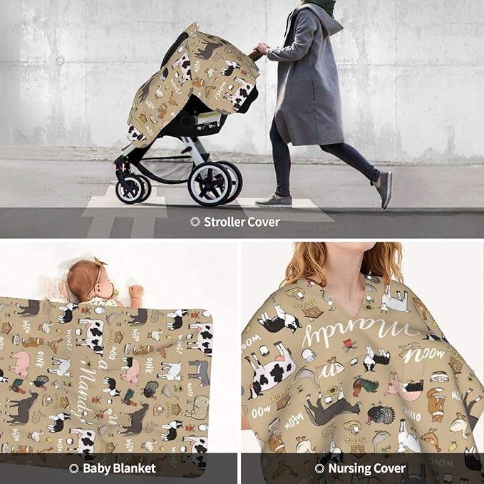 Custom Baby Car Seat Canopy for Babies with Name, Personalized Farm Animals Baby Car Seats Covers for Boys, Opening Minky Nursing Breastfeeding Stroller Cover Infant Carseat Canopies for Newborn