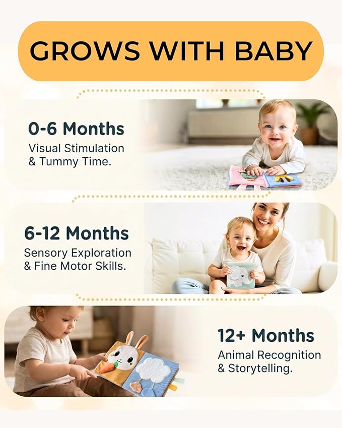Cute Soft Baby Book with Mirror, Activities, Touch and Feel & Crinkle Pages - Interactive Sensory Cloth Toy for Babies 0-6, 6-12 & 12-18 Months - Adorable Animal Themes for Early Development