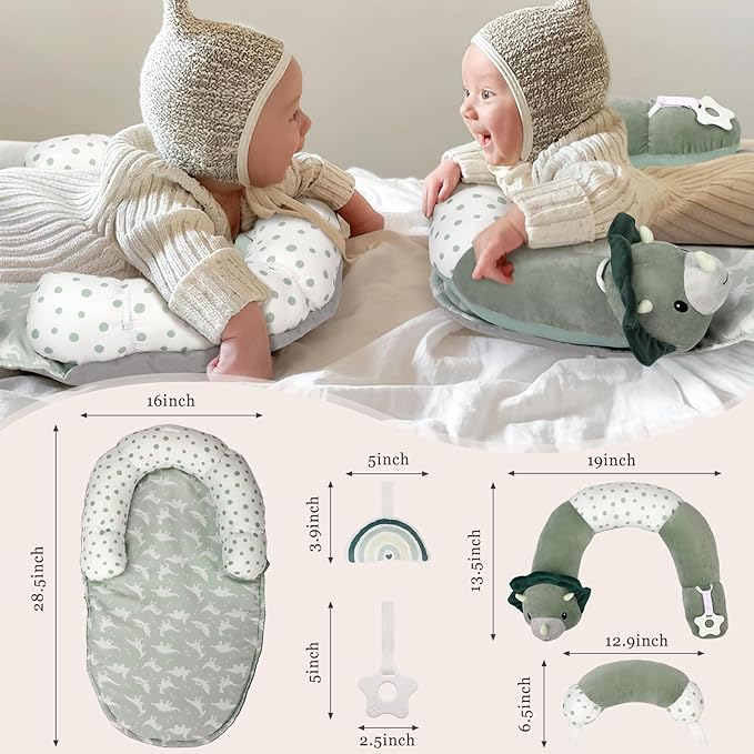 Foryoomi 4 in 1 Tummy Time Mat with Educational Cards, Play Mat & Sitting Support for Newborn 0-12 Months, Infant Baby Sit Me Up Floor Seat, Sensory Skills Gifts, Dinosaur