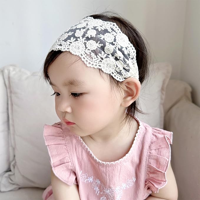 Lace White Bow-knot Baby Girls Headband Birthday Shower Infant Wrap Elastic Flower Baby Turban Hairband for Newborn Infant Toddler Kids (Flower, Elastic)