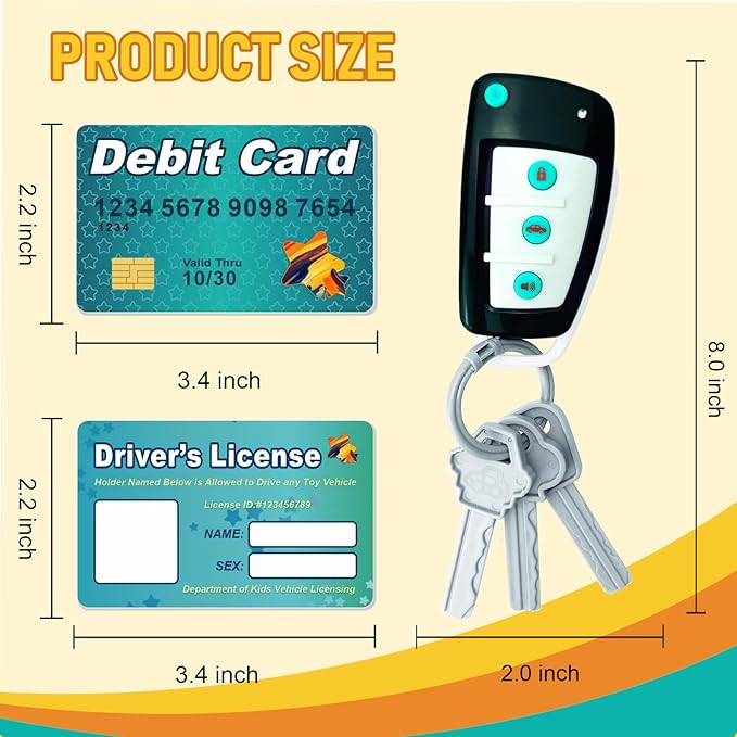 Remote Car Key Toy with Light and Sounds, Car Key Playset, Pretend Play Keys with Cards for Boys and Girls, Travel Toys for Toddlers, Babies