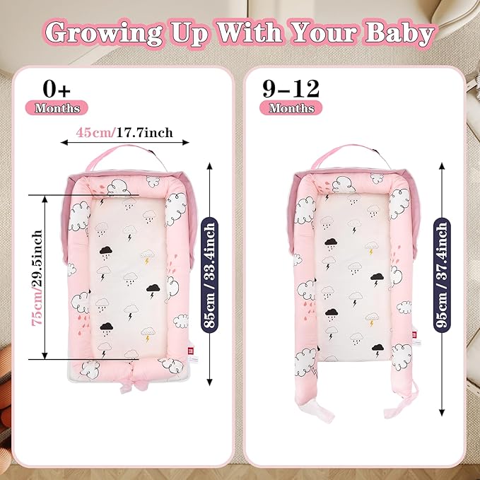 Baby Lounger for Newborn-Portable Baby Lounger 0-24 Months for Home and Travel,Newborn Loungers with Strap, Baby Nest Lounger Adjustable Size,Raindrop Clouds