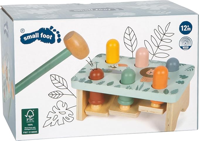 small Foot Safari 12740 Knocking Game Made of FSC 100% Certified Wood, Robust Motor Skills Toy with Hammer and Wooden Rods, for Children from 12 Months