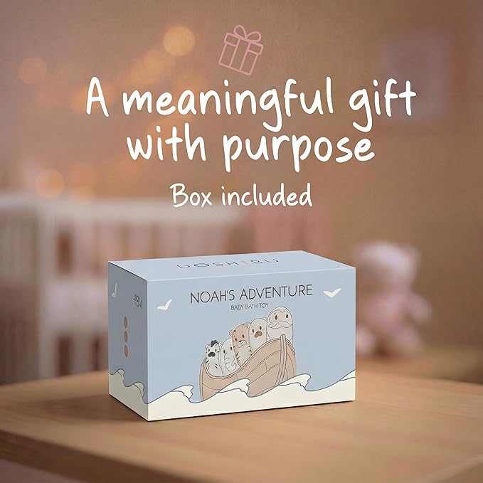 Noah's Ark Silicone Floating Bath Toy Set for Toddlers 18M+ Includes 7 Pieces Boat Animals and Waterproof Bible Storybook Educational Sensory Learning Nordic Color Design Montessori Faith Play