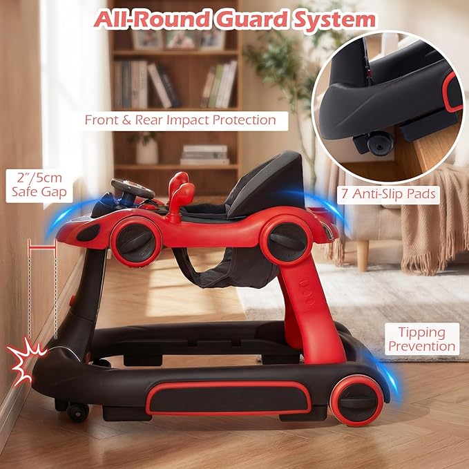 INFANS 6-in-1 Foldable Baby Walker, Converts Push Car to Bouncer, Rocker with Music, Lights, Adjustable Height & Speed, Activity Center, Canopy for 7-18 Months (Red)