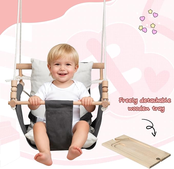 KINSPORY Toddler Swing with Soft Cushion, Safety Buckle & Detachable Tray, Adjustable 57~71'' Canvas Baby Swing, High Back Infant Seat for Children' Room, Backyard, Playground Set (Grey)