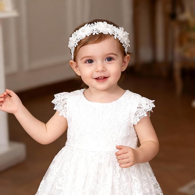 Baby Girls Hairband White Bow Lace Headbands Handmade Soft Stretchy Wide Head Band Newborn Hairbands with Bows Pearls Elastic Headband for Infant Hair Accessories（Five Pearl Flowers）