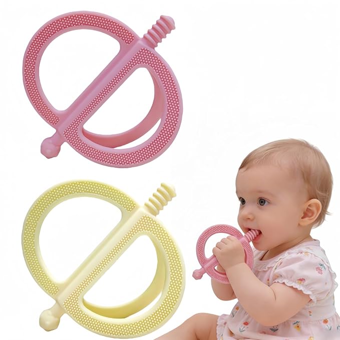 2-Pack Baby Teething Toys, Food Grade BPA-Free Silicone Baby Teether for 3-18 Months, Ring-Shaped Teething Toy for Babies, Multi-Textured Choke-Proof Easy Grip Teether for Infants (Pink&Yellow)