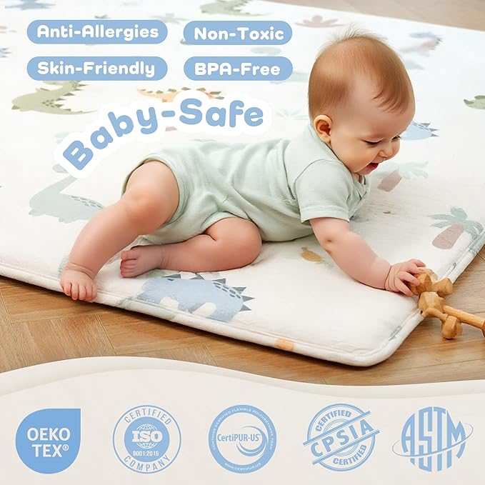 1.5" Thick Premium Baby Floor Play Mat, 50x50 Padded Memory Foam Mat, Tummy Time Crawling Playmat for Nursery Playroom Classroom, Dinosaurs