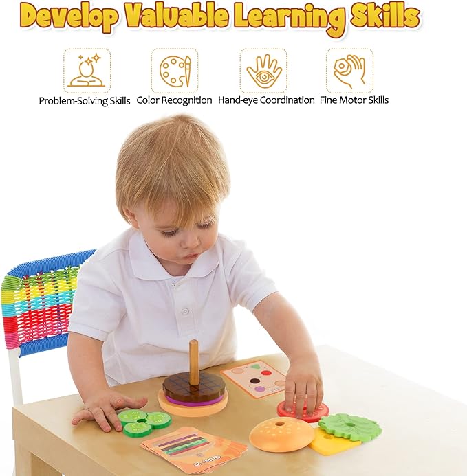 Aizweb Montessori Toys for 3 Year Old - Wooden Burger Stacking Toys for Toddlers and Kids Preschool, Educational Toys, Fine Motor Skill Toy, Blocks for Toddlers, Learning Toys